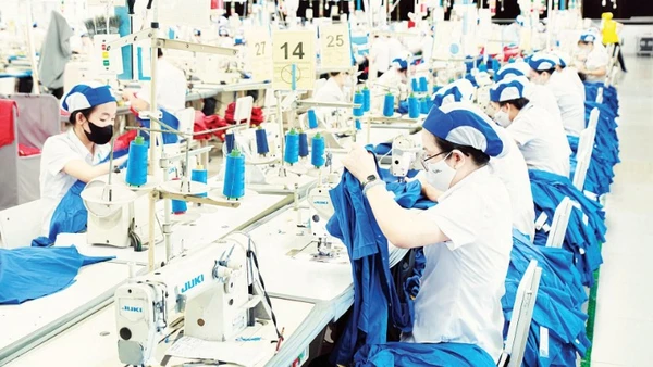 Công nhân làm việc tại một dây chuyền may mặc của Tổng Công ty cổ phần May Việt Tiến.