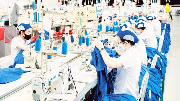 Công nhân làm việc tại một dây chuyền may mặc của Tổng Công ty cổ phần May Việt Tiến.