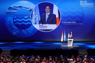 Thủ tướng Phạm Minh Chính phát biểu tại Diễn đàn Tài chính và Kinh tế Xanh của Hội nghị Đại dương Liên hợp quốc lần thứ ba (UNOC 3). Ảnh: TTXVN