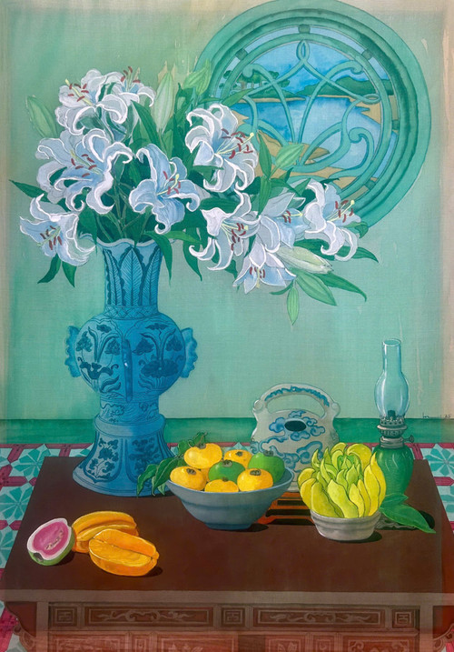 Tác phẩm "Buổi sáng bình yên 1", màu nước trên lụa, kích thước 70cmx50cm. Tác phẩm "Buổi sáng bình yên 1", màu nước trên lụa, kích thước 70cmx50cm.