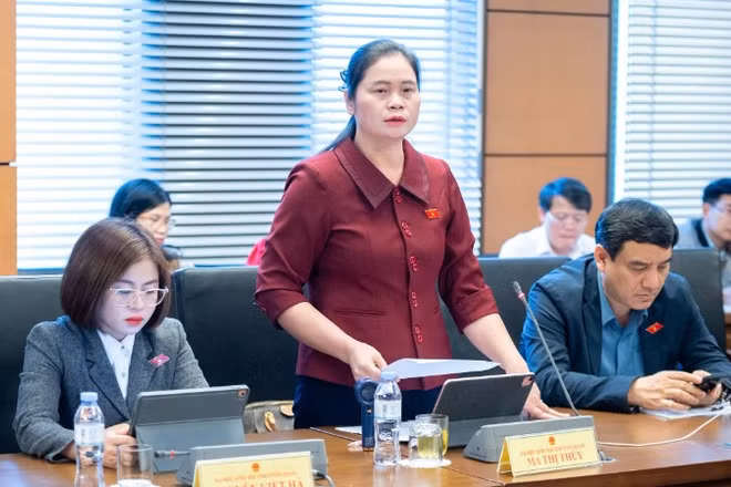 Đại biểu Ma Thị Thúy, Phó Trưởng Đoàn đại biểu Quốc hội chuyên trách tỉnh Tuyên Quang phát biểu tại tổ. (Ảnh: THỦY NGUYÊN)