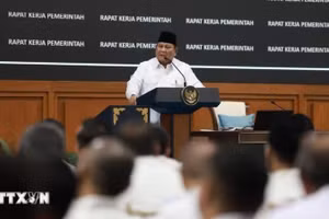 Tổng thống Indonesia Prabowo Subianto phát biểu tại sự kiện. (Ảnh: Minh Thái/TTXVN) 