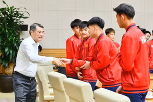 Thủ tướng Lê Minh Hưng bắt tay chúc mừng các cầu thủ đội tuyển bóng đá nam U17 quốc gia Việt Nam. (Ảnh: Thanh Giang)