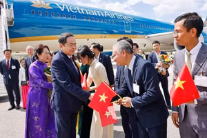 Cán bộ, nhân viên Đại sứ quán và cộng đồng người Việt Nam đón Chủ tịch Quốc hội Trần Thanh Mẫn và Phu nhân tại sân bay quốc tế Geneva. (Ảnh: TTXVN)