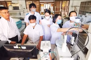 Tiến sĩ Bùi Đình Thạch (ngoài cùng bên trái) trao đổi với nhóm nghiên cứu về tác dụng của cây ngải trắng. (Ảnh: VAST)