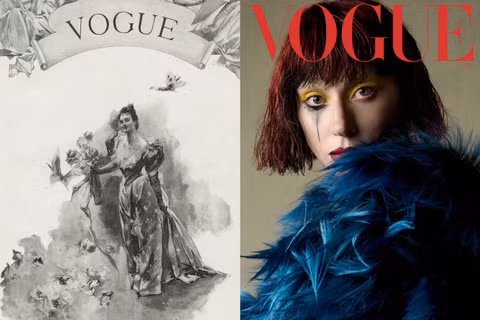 Tranh minh họa của A.B. Wenzell, đăng trên Vogue số tháng 12/1982(bên trái) và ảnh do Ethan James Green thực hiện, đăng trên Vogue số tháng 10/2024. (Ảnh: vogue.com)