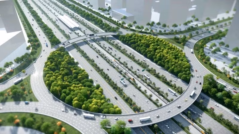Phối cảnh một nút giao trên tuyến đường nối sân bay Gia Bình và Hà Nội.