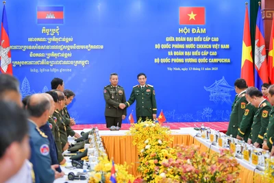 Đại tướng Phan Văn Giang, Ủy viên Bộ Chính trị, Phó Bí thư Quân ủy Trung ương, Bộ trưởng Quốc phòng, Đại tướng Tea Seiha, Phó Thủ tướng Chính phủ, Bộ trưởng Quốc phòng Campuchia tại cuộc hội đàm.