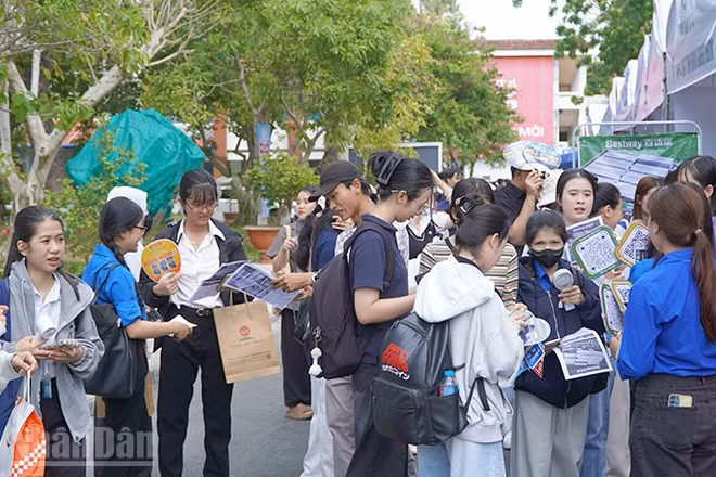 Sinh viên tìm hiểu thông tin về việc làm tại Ngày hội việc làm và kết nối nhà tuyển dụng.