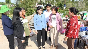 Đồng chí Châu Thị Mỹ Phương, Phó Bí thư Tỉnh ủy, Chủ tịch Hội đồng nhân dân tỉnh (thứ 4 từ phải qua) thăm, động viên gia đình có nhà bị sập do mưa, dông.