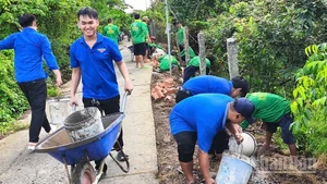 Đoàn viên, thanh niên xã Tân Khánh Trung dặm vá tuyến đường.