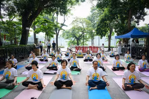 Các đại biểu, cùng đông đảo phóng viên, biên tập viên, người lao động Báo Nhân Dân tham gia màn đồng diễn Yoga tại khuôn viên trụ sở Báo Nhân Dân tại Hà Nội. (Ảnh: BẢO LONG)