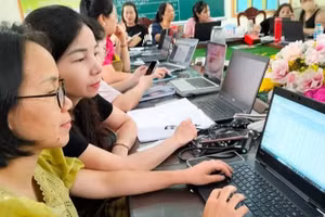 Tập huấn sử dụng học bạ số cho cán bộ, giáo viên Trường tiểu học Yên Mỹ, huyện Thanh Trì, thành phố Hà Nội. (Ảnh MINH PHƯỢNG)