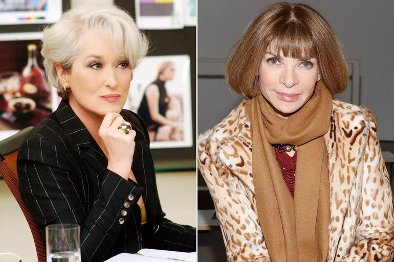 Anna Wintour chính là nguyên mẫu của nhân vật quyền lực do nữ minh tinh Meryl Streep (trái) thủ vai, trong bộ phim đình đám The Devil Wears Prada (ra mắt năm 2006, phần 2 hiện đang chính thức được khởi quay). shutterstock-va-getty.jpg