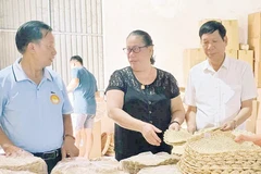 Những sản phẩm thủ công từ cói, bèo, dây giấy của Nghệ nhân Ưu tú Phạm Thị Ngắn (thứ 2 từ trái sang).