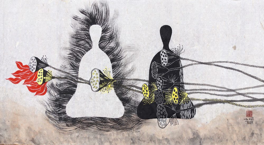 Trang Thanh Hiền (Việt Nam), Lửa tam muội 1, gấy dó, mầu nước và in độc bản, 70x120cm, 2025. img-5205.jpg