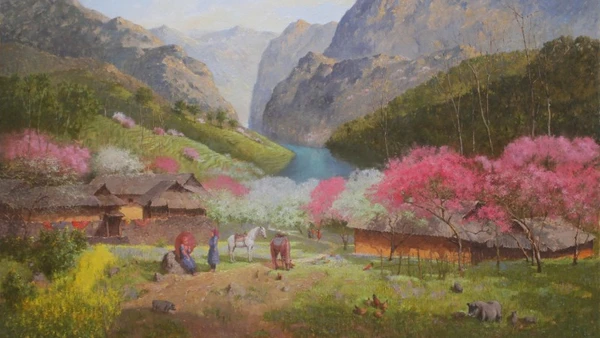 Một trích đoạn tranh sơn dầu "Chuyện ngày xuân" của họa sĩ Lê Thư.