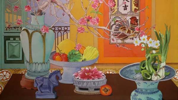 Trích từ tác phẩm màu nước trên lụa "Xuân đại cát" của họa sĩ Vũ Thùy Mai.