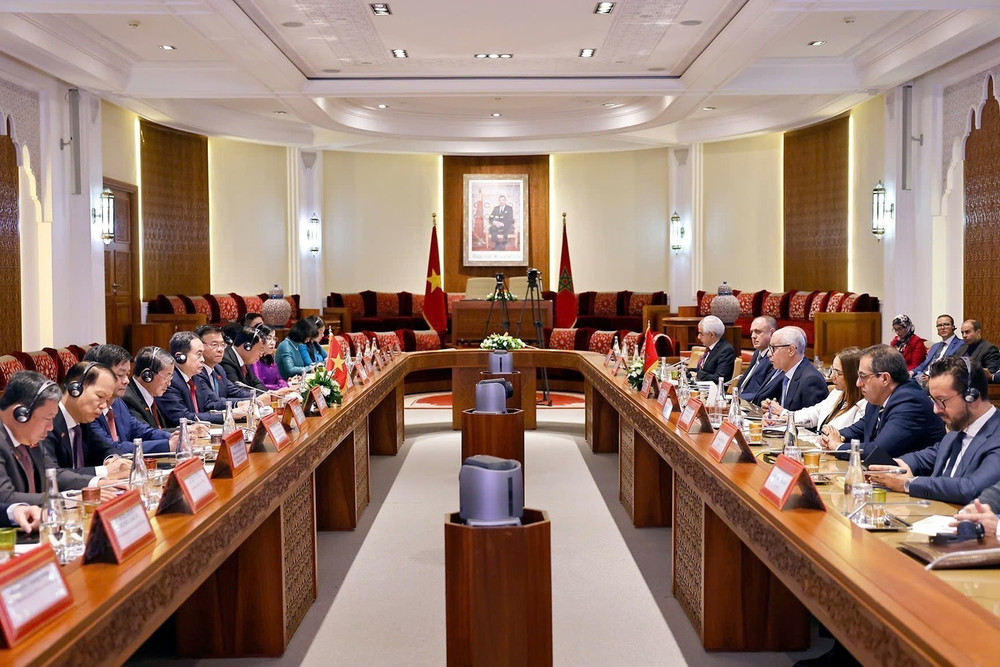 Chủ tịch Quốc hội Trần Thanh Mẫn hội đàm với Chủ tịch Hạ viện Morocco Rachid Talbi Alami. (Ảnh: TTXVN) vna-potal-chu-tich-quoc-hoi-tran-thanh-man-hoi-dam-voi-chu-tich-ha-vien-maroc-8171766.jpg