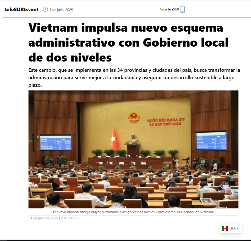 TELESUR đưa tin Việt Nam chính thức vận hành mô hình chính quyền địa phương 2 cấp. (Ảnh chụp từ màn hình) telesur-dua-tin-ve-viet-nam-chinh-thuc-van-hanh-mo-hinh-chinh-quyen-dia-phuong-2-cap.png