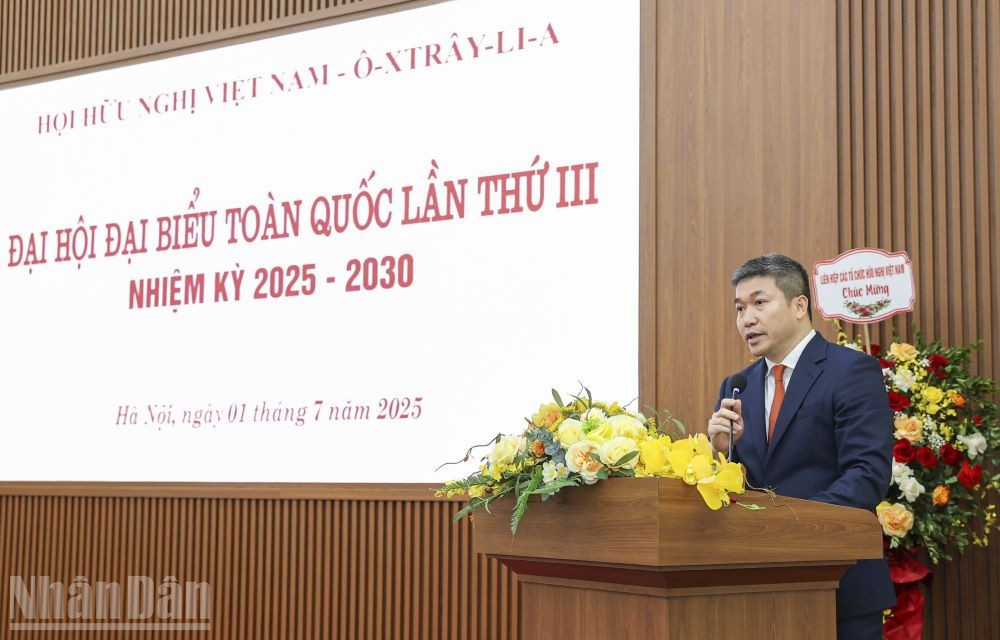 Chủ tịch Liên hiệp các tổ chức hữu nghị Việt Nam Phan Anh Sơn phát biểu chỉ đạo tại Đại hội. (Ảnh: KHÁNH LAN) ndo_bl_daisuuc1.jpg