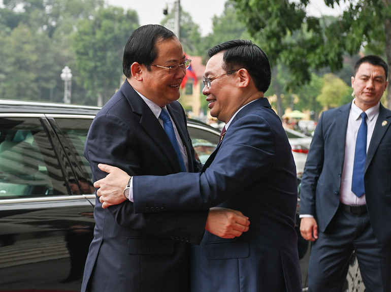 [Ảnh] Chủ tịch Quốc hội Vương Đình Huệ hội kiến Thủ tướng Lào Sonexay Siphandone ảnh 1