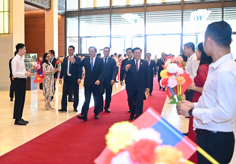 [Ảnh] Chủ tịch Quốc hội Vương Đình Huệ hội kiến Thủ tướng Lào Sonexay Siphandone ảnh 4