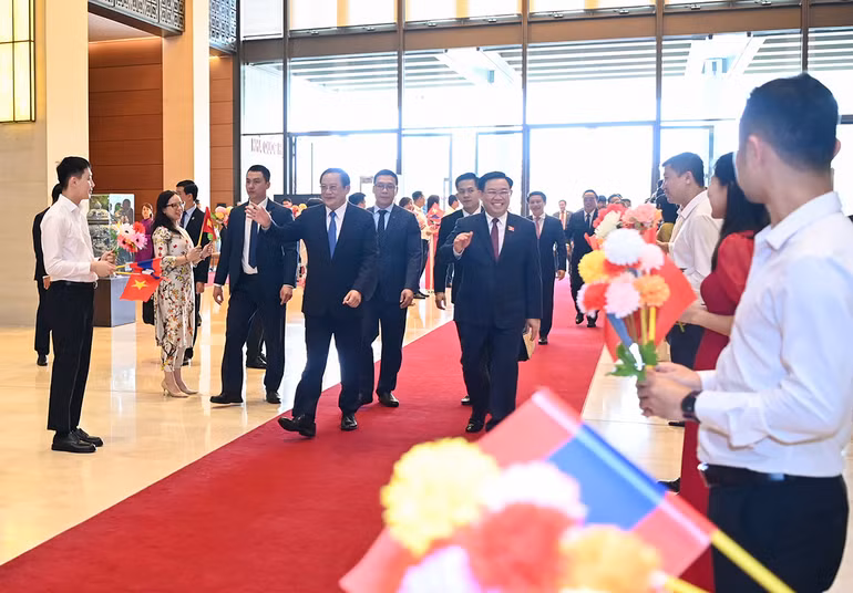 [Ảnh] Chủ tịch Quốc hội Vương Đình Huệ hội kiến Thủ tướng Lào Sonexay Siphandone ảnh 4