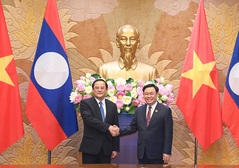 [Ảnh] Chủ tịch Quốc hội Vương Đình Huệ hội kiến Thủ tướng Lào Sonexay Siphandone ảnh 5