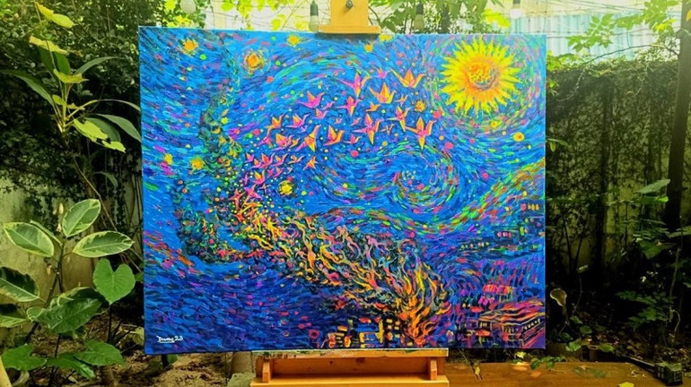 Tác phẩm "Bay trên bầu trời" của tác giả Lưu Chương Dương với chất liệu Acrylic trên toan.