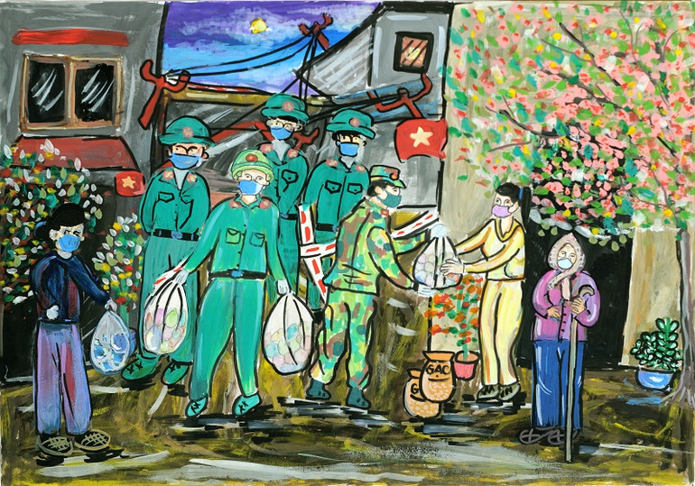 Một bức tranh tham gia cuộc thi vẽ “Cháu yêu chú bộ đội”. (Ảnh: VTV)