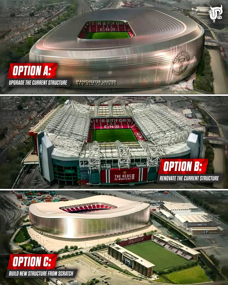 Nhiều phiên bản cải tạo khác nhau của Old Trafford đã được vẽ nên. Nhiều phiên bản cải tạo khác nhau của Old Trafford đã được vẽ nên.