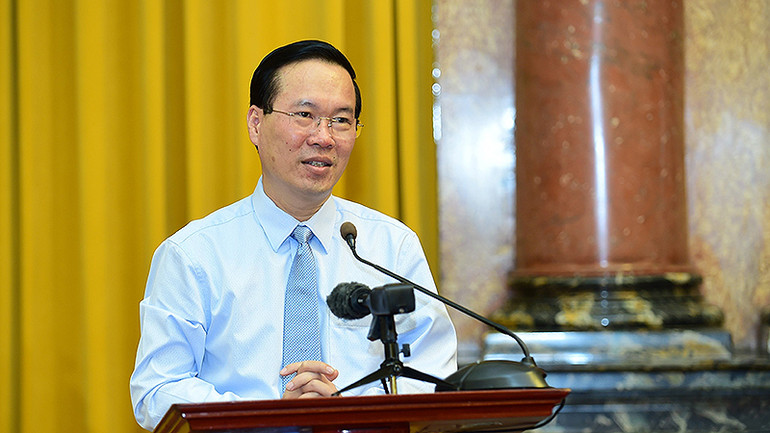 Chủ tịch nước Võ Văn Thưởng phát biểu ý kiến tại buổi gặp mặt.