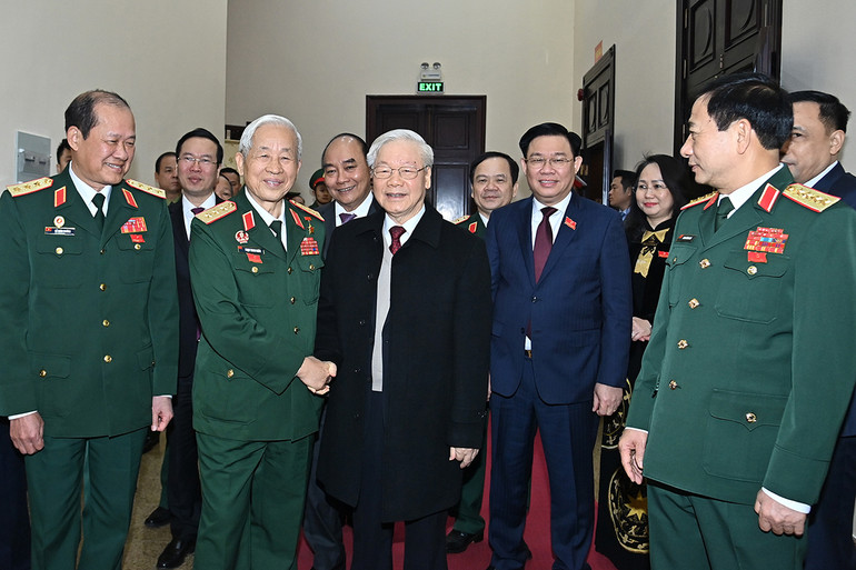 Tổng Bí thư Nguyễn Phú Trọng, các đồng chí lãnh đạo Đảng, Nhà nước và các đại biểu dự đại hội. (Ảnh: ĐĂNG KHOA)