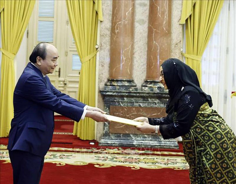 Chủ tịch nước Nguyễn Xuân Phúc tiếp nhận Quốc thư của Đại sứ Brunei Malai Halimah Malai Yussof. (Ảnh: TTXVN)