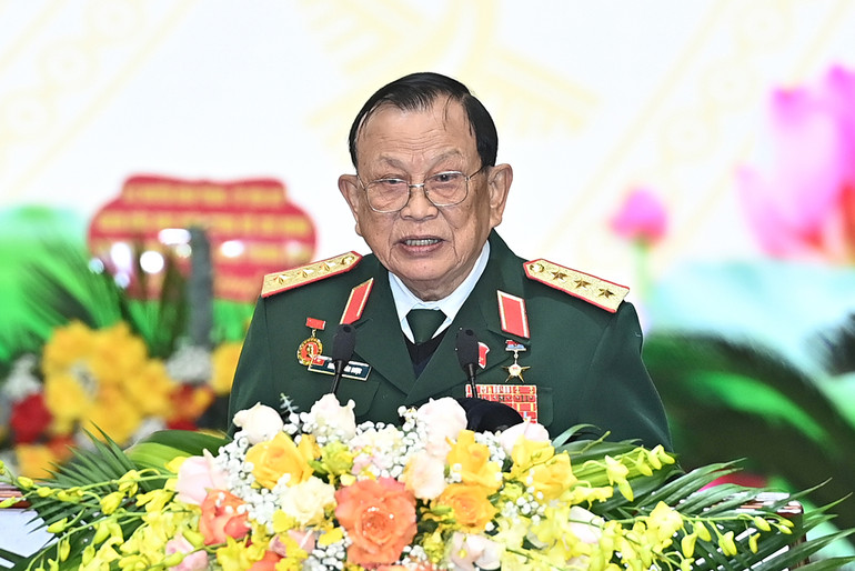 Thượng tướng Nguyễn Văn Được, Chủ tịch Hội Cựu chiến binh Việt Nam khóa VI phát biểu tại đại hội. (Ảnh: ĐĂNG KHOA)