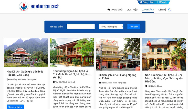 Giao diện trang web Bản đồ Di tích lịch sử.