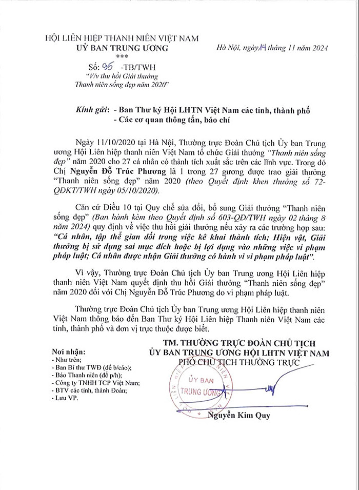 Công văn của Trung ương Hội Liên hiệp Thanh niên Việt Nam quyết định thu hồi Giải thưởng "Thanh niên sống đẹp" đối với Nguyễn Đỗ Trúc Phương.