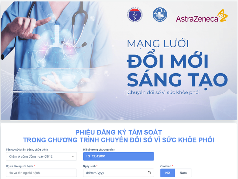 Giao diện đăng ký tầm soát của nền tảng.