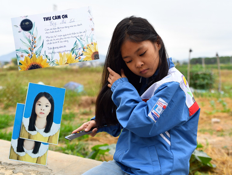 Hiểu rõ căn bệnh quái ác khiến ông nội yếu đi mỗi ngày, Nhã Linh quyết định làm một điều gì đó để động viên, khích lệ tinh thần các "chiến binh K" - những người đang dũng cảm đối mặt, chiến đấu chống lại ung thư. Mùa hè vừa qua, khi còn chưa vào lớp 2, cô bé đã cắt mái tóc dài vốn được chăm sóc rất cẩn thận của mình để hiến tặng các nữ bệnh nhân ung thư. Ở bên trái, hình phía trên là thư cảm ơn Nhã Linh đã hiến tóc, phía dưới là Nhã Linh sau khi vừa hiến tóc.