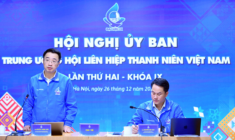 Bí thư Trung ương Đoàn Thanh niên Cộng sản Hồ Chí Minh, Chủ tịch Hội Liên hiệp Thanh niên Việt Nam Nguyễn Tường Lâm phát biểu ý kiến tại Hội nghị.
