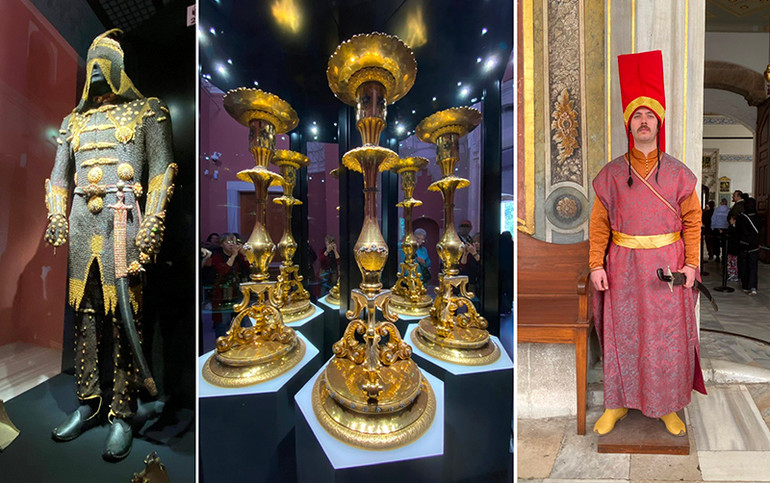 Từ trái qua phải: Bộ giáp trụ của Sultan Mustafa III, với trình độ chế tác đỉnh cao. Ba chiếc chân nến bằng vàng được chế tác vô cùng tinh xảo. Lính gác Cung điện trong bộ trang phục truyền thống cổ xưa. Từ trái qua phải: Bộ giáp trụ của Sultan Mustafa III, với trình độ chế tác đỉnh cao. Ba chiếc chân nến bằng vàng được chế tác vô cùng tinh xảo. Lính gác Cung điện trong bộ trang phục truyền thống cổ xưa.