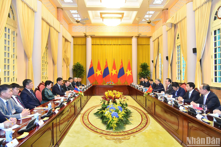 Quang cảnh buổi hội đàm tại Phủ Chủ tịch. (Ảnh: THỦY NGUYÊN)