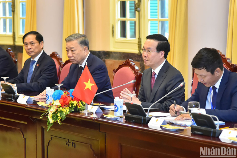 Chủ tịch nước Võ Văn Thưởng phát biểu tại buổi hội đàm. (Ảnh: THỦY NGUYÊN)