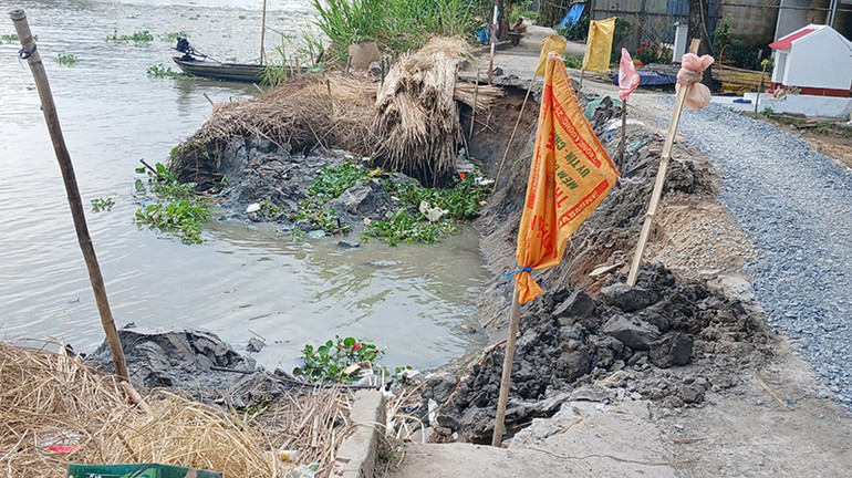 Hiện trường điểm sạt lở bờ kênh Tràm Bông, ấp Đông Sơn, xã Đông Phước, huyện Châu Thành.