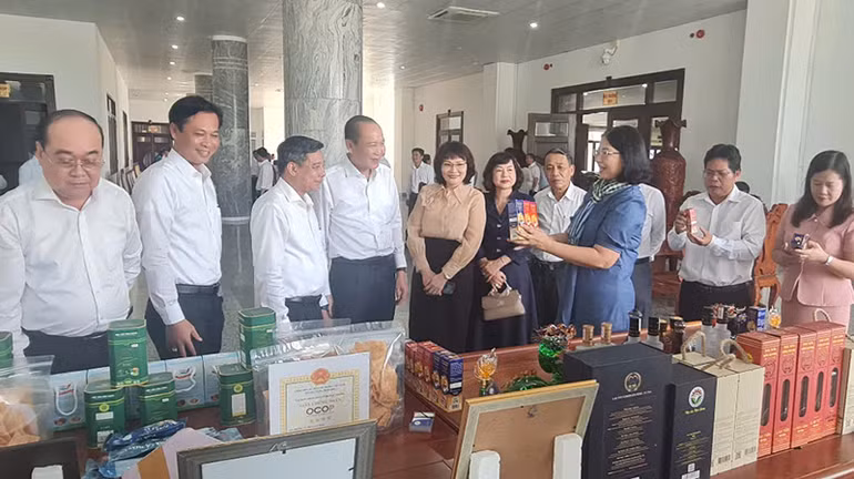 Các đại biểu tham quan các gian hàng trưng bày sản phẩm OCOP do hội viên nông dân là chủ thể.