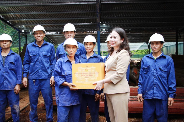 Phó Chủ tịch nước tặng quà cho công nhân đang trùng tu Điện Thái Hòa (Đại nội Huế).