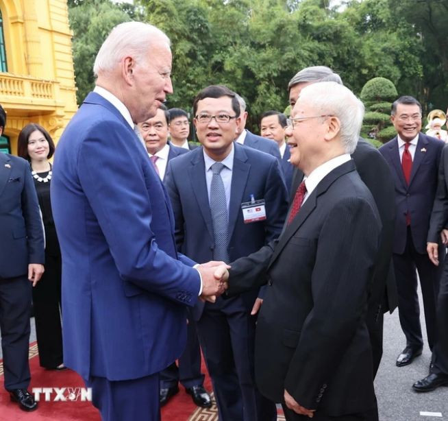 Tổng Bí thư Nguyễn Phú Trọng đón Tổng thống Hoa Kỳ Joe Biden thăm cấp Nhà nước tới Việt Nam từ ngày 10 đến 11/9/2023. Tổng Bí thư Nguyễn Phú Trọng đón Tổng thống Hoa Kỳ Joe Biden thăm cấp Nhà nước tới Việt Nam từ ngày 10 đến 11/9/2023.