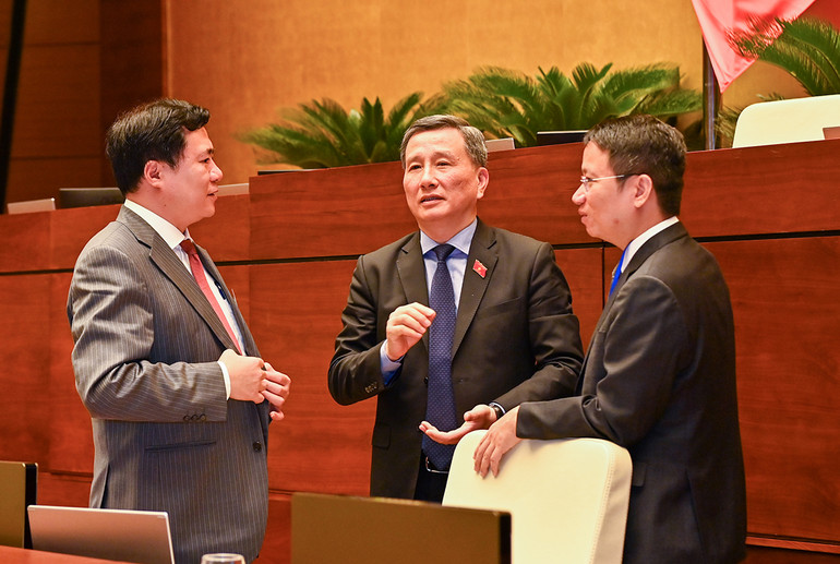 Chủ nhiệm Ủy ban Khoa học, Công nghệ và Môi trường Lê Quang Huy; Thứ trưởng Công thương Nguyễn Sinh Nhật Tân trao đổi trong giờ nghỉ giải lao.