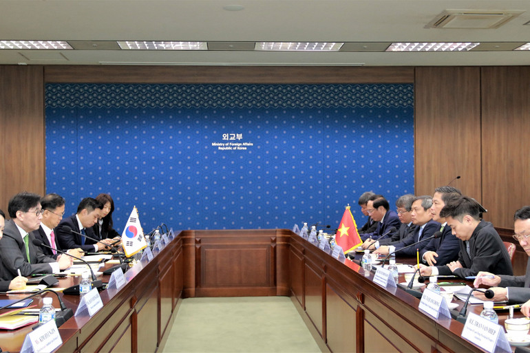 Trưởng Ban Kinh tế Trung ương Trần Tuấn Anh làm việc với Thứ trưởng thứ nhất Bộ Ngoại giao Hàn Quốc Jang Ho-jin. (Ảnh: TTXVN)